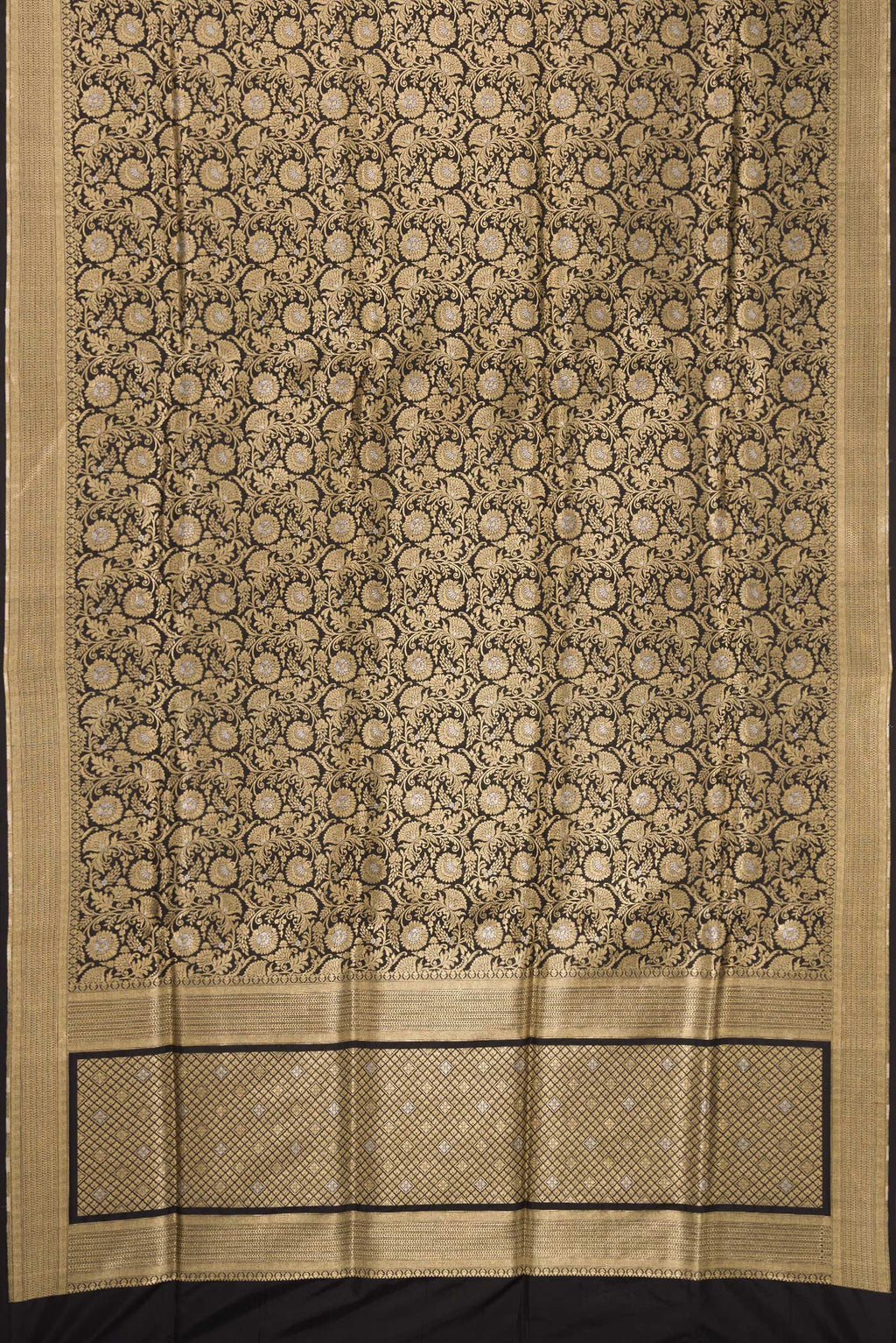 Flat view of Black Banarasi Silk Saree with Zari Brocade on the body and Zari Border. 