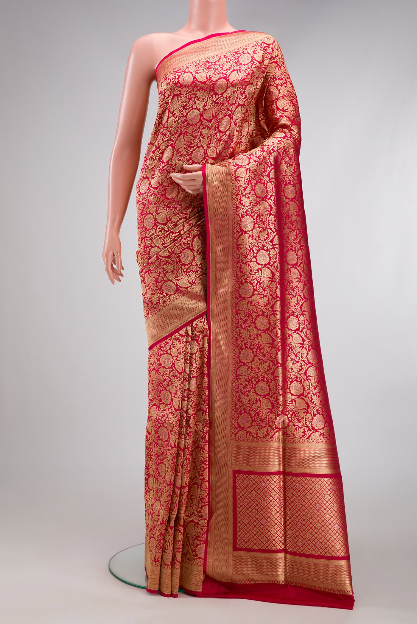 Dark Pink Dual Tone Banarasi Silk Saree with Zari Brocade on the body and Zari Border.  displayed on a mannequin