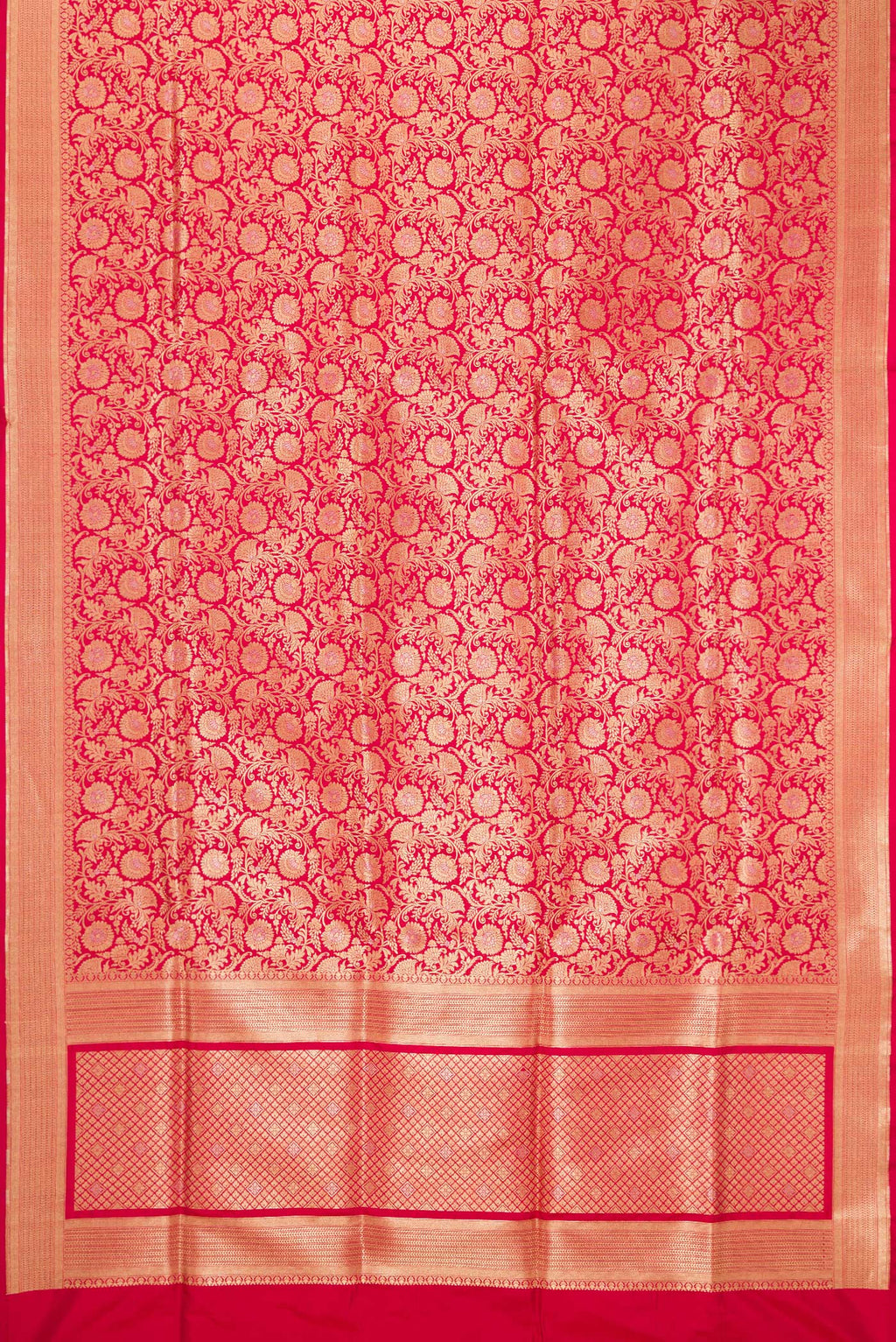 Flat view of Dark Pink Dual Tone Banarasi Silk Saree with Zari Brocade on the body and Zari Border. 