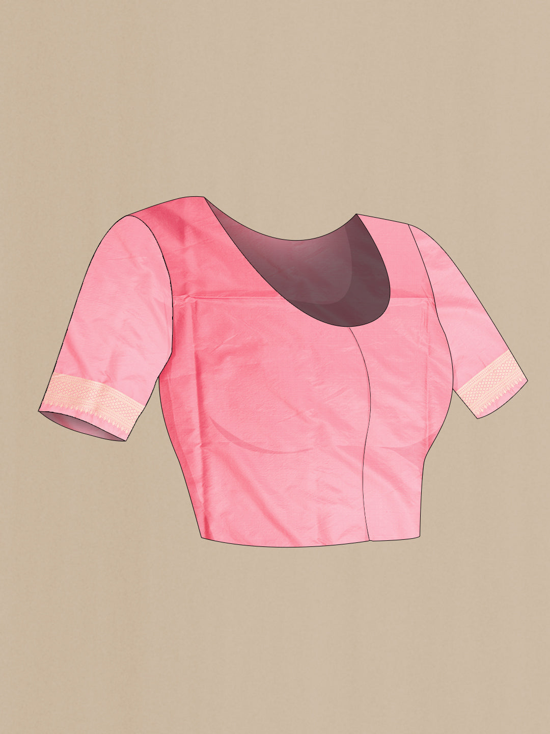 Close up image of the blouse of Pink Banarasi Silk Saree with Zari Brocade on the body and Zari Border. 