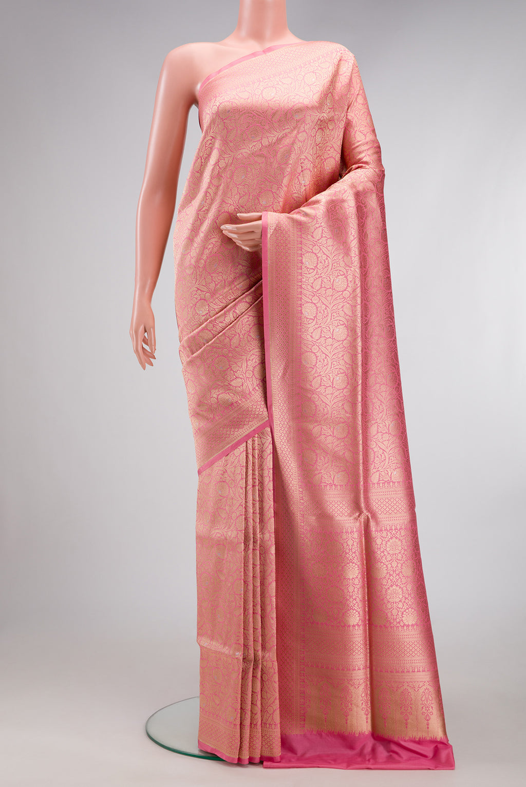 Pink Banarasi Silk Saree with Zari Brocade on the body and Zari Border.  displayed on a mannequin