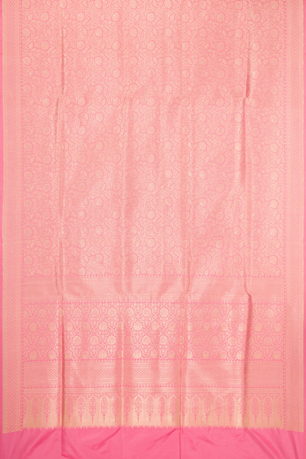 Flat view of Pink Banarasi Silk Saree with Zari Brocade on the body and Zari Border. 