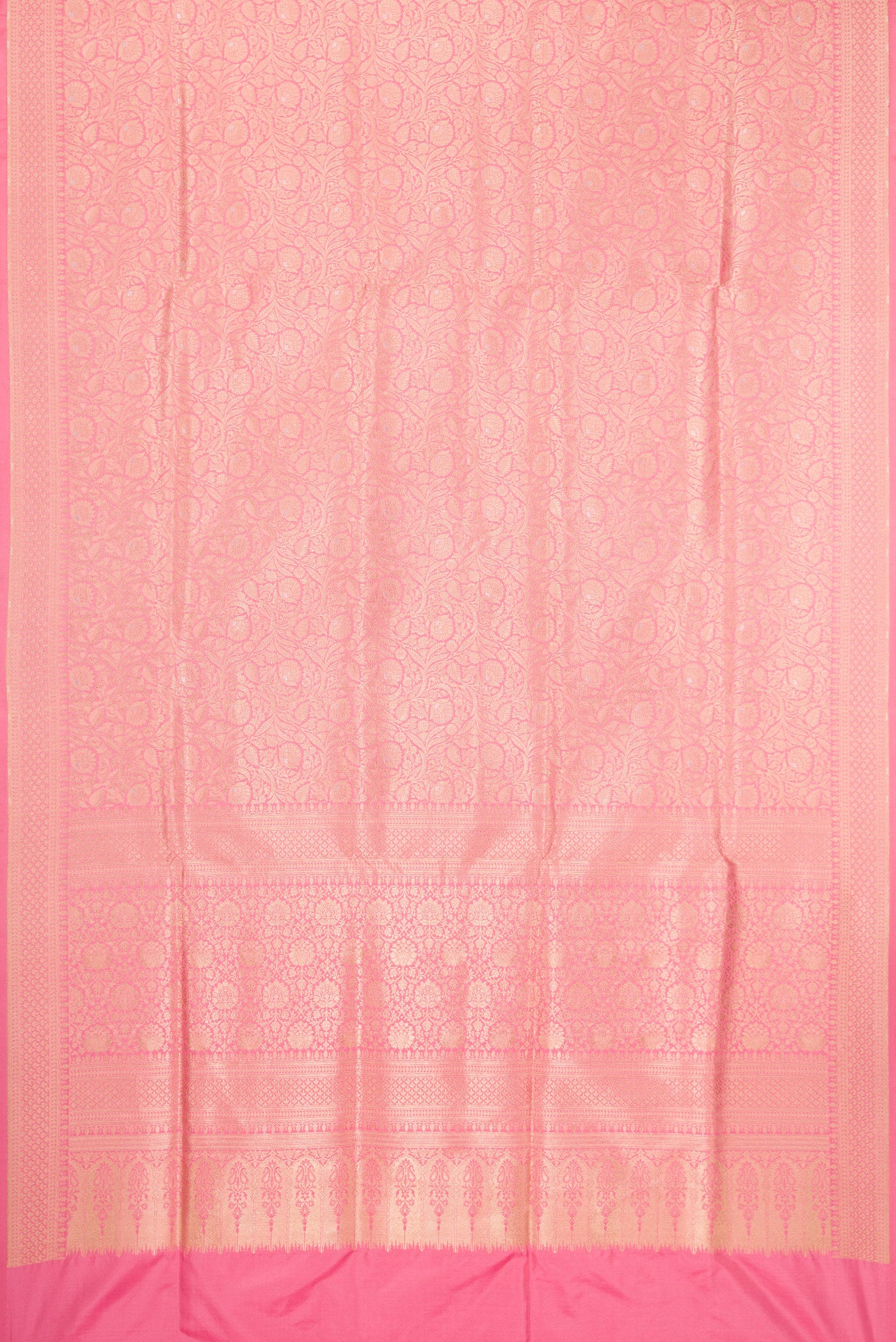 Flat view of Pink Banarasi Silk Saree with Zari Brocade on the body and Zari Border. 