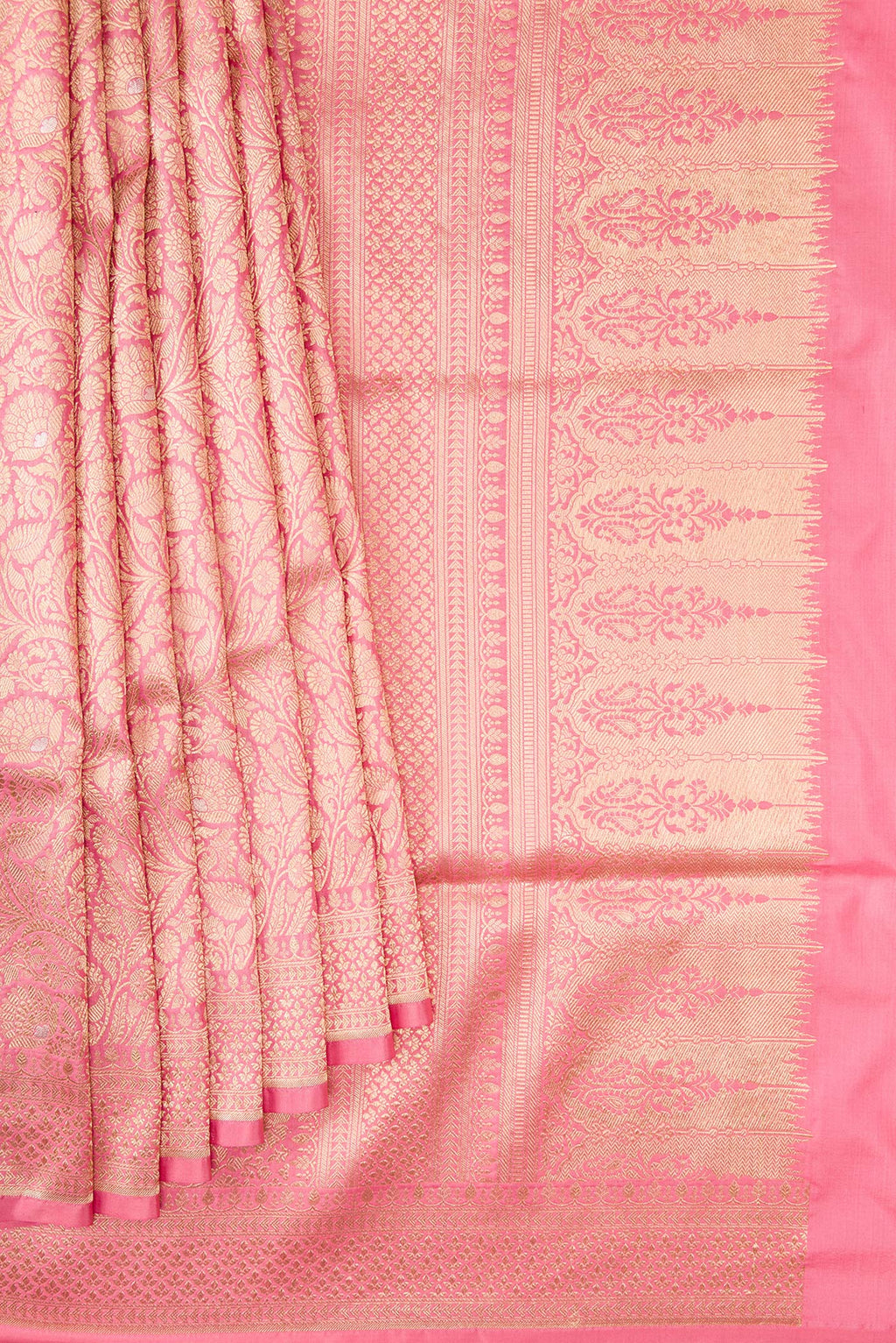 Pleats and pallu of Pink Banarasi Silk Saree with Zari Brocade on the body and Zari Border. 