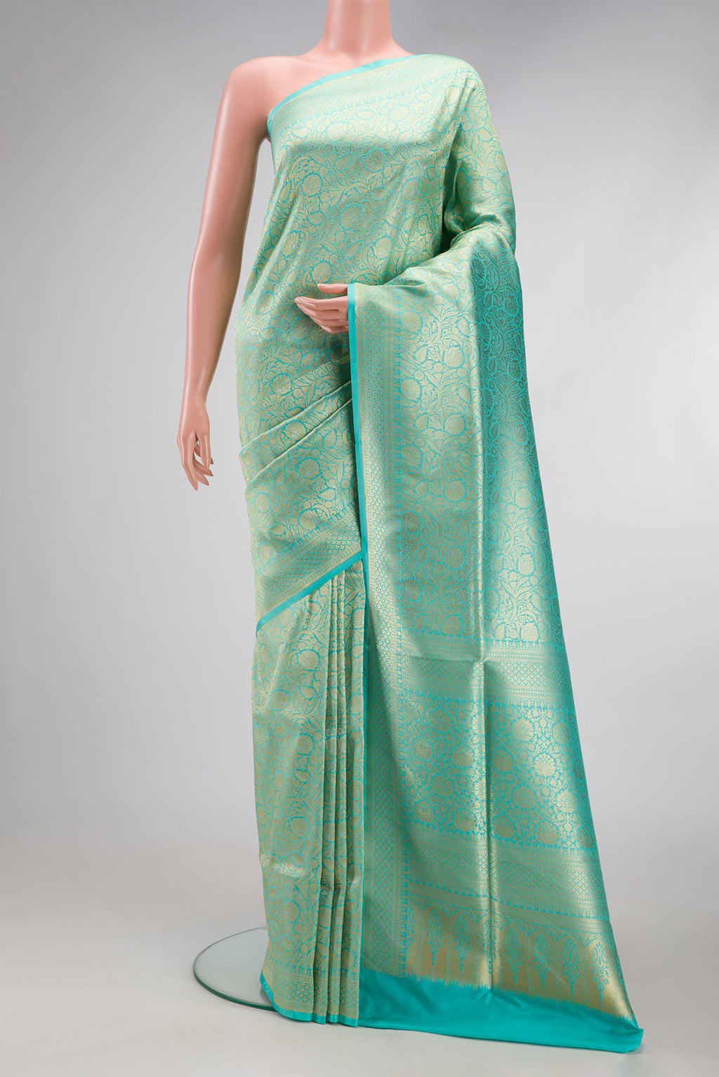 Sky Blue Banarasi Silk Saree with Zari Brocade on the body and Zari Border.  displayed on a mannequin