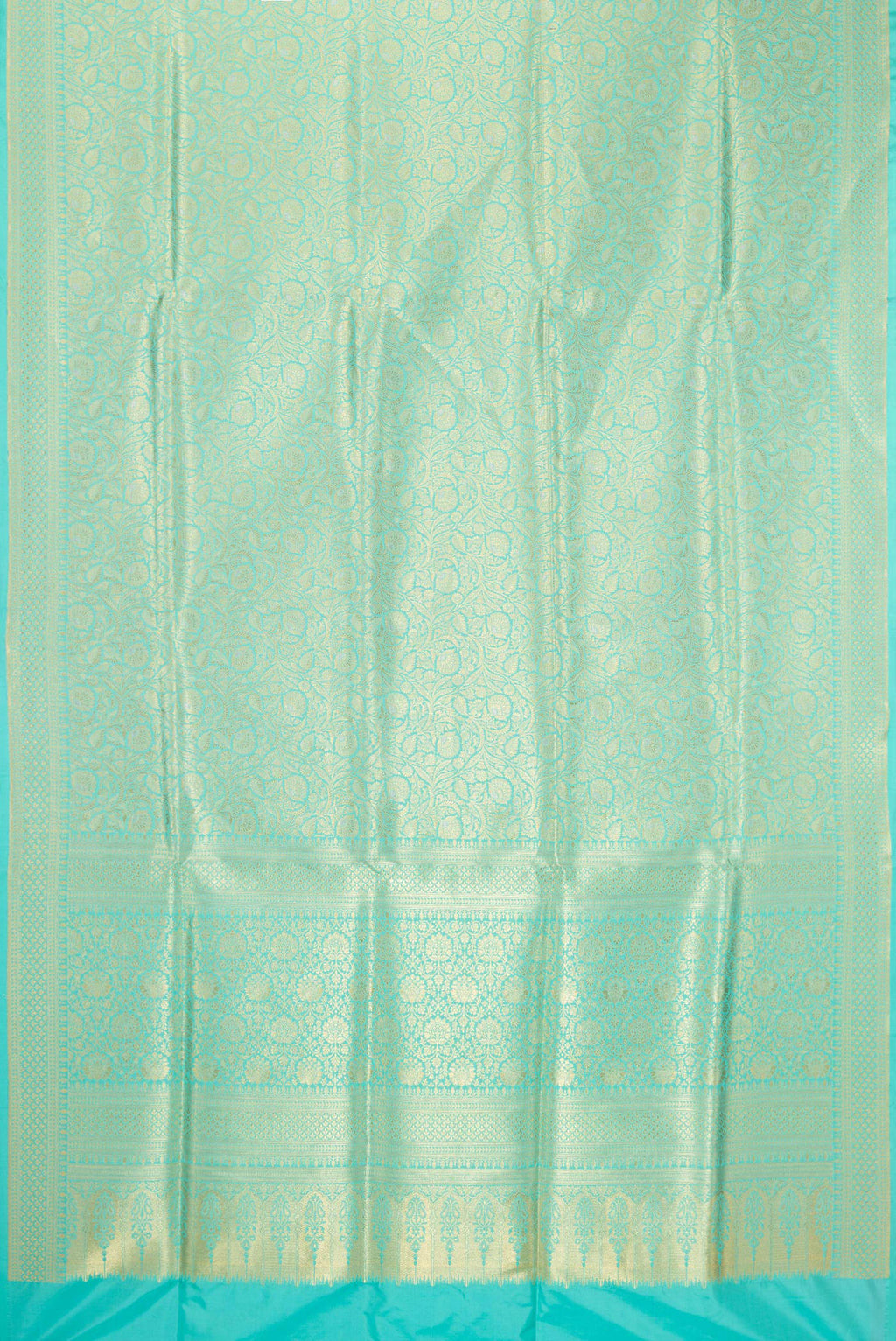 Flat view of Sky Blue Banarasi Silk Saree with Zari Brocade on the body and Zari Border. 