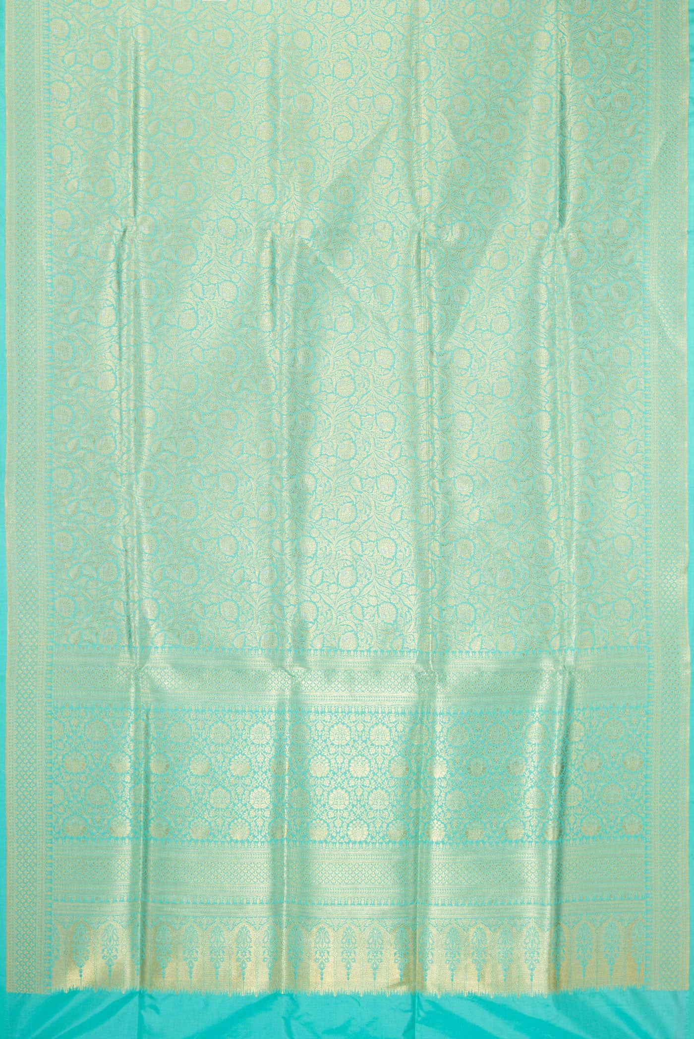 Flat view of Sky Blue Banarasi Silk Saree with Zari Brocade on the body and Zari Border. 