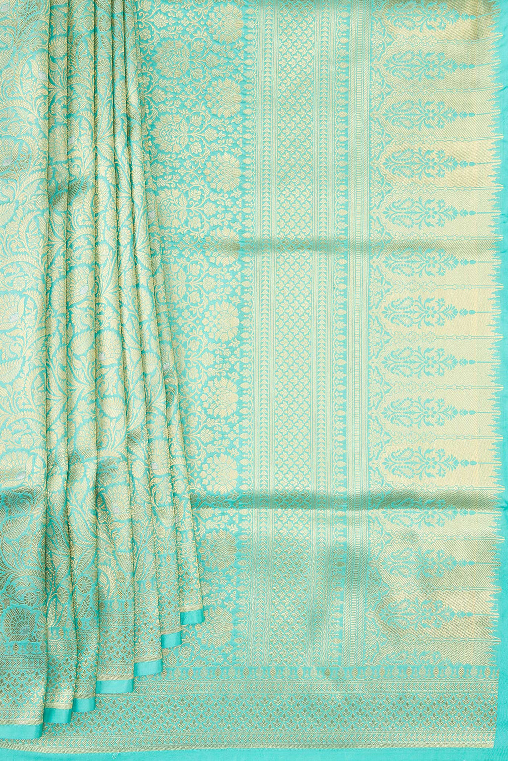 Pleats and pallu of Sky Blue Banarasi Silk Saree with Zari Brocade on the body and Zari Border. 
