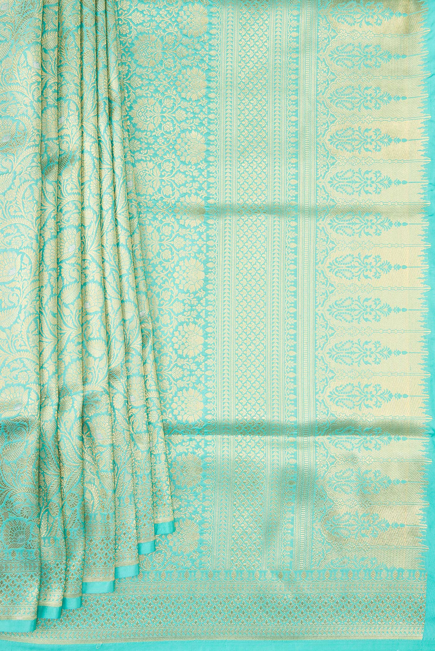 Pleats and pallu of Sky Blue Banarasi Silk Saree with Zari Brocade on the body and Zari Border. 
