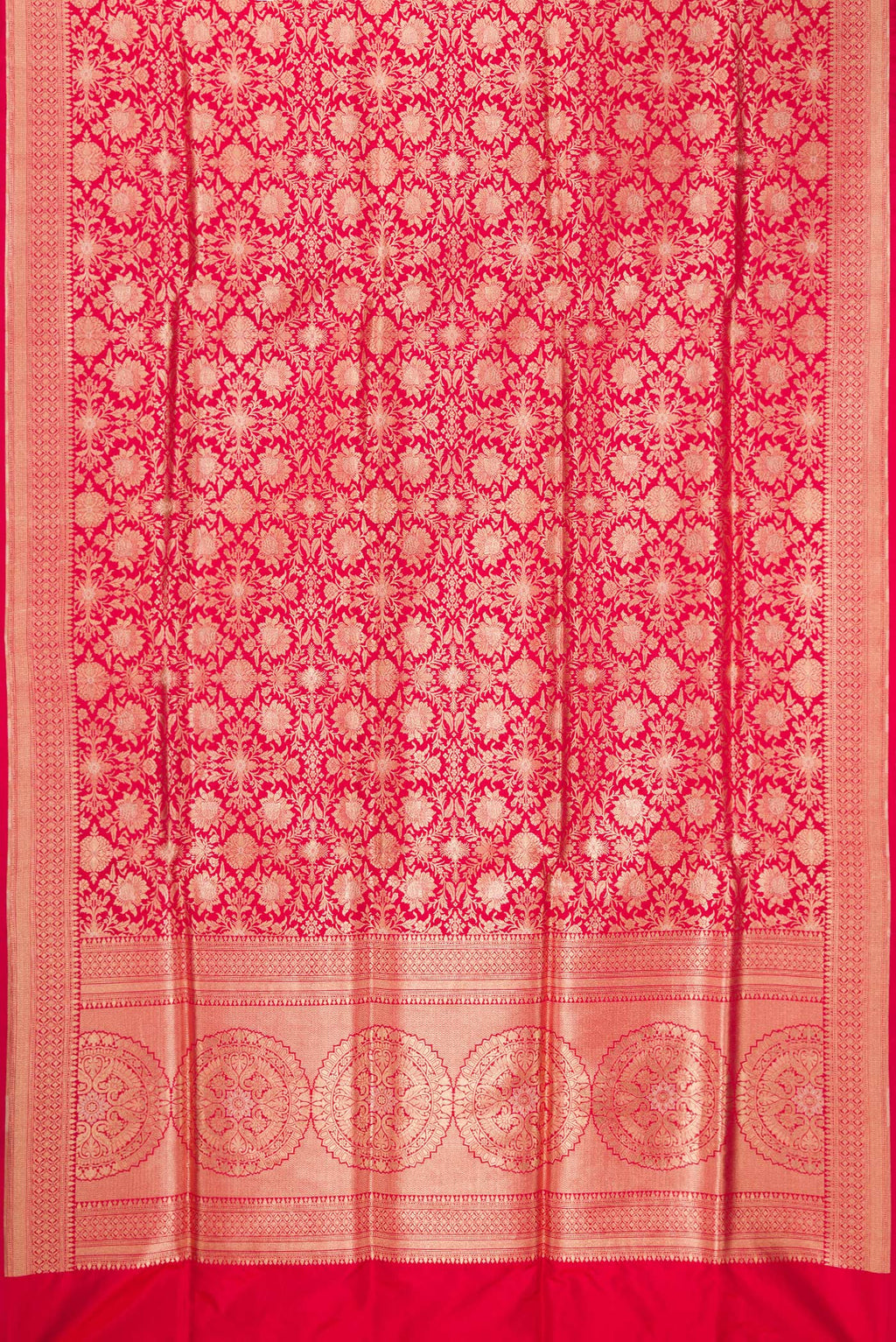 Flat view of Dark Pink Banarasi Silk Saree with Zari Brocade on the body and Zari Border. 