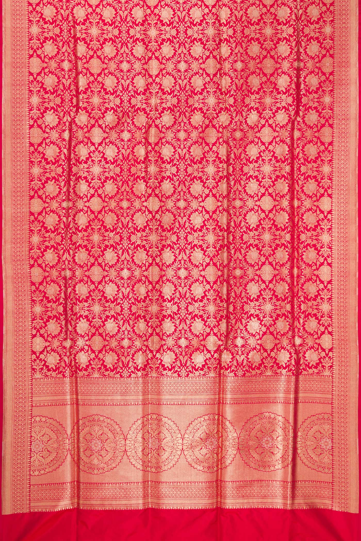 Flat view of Dark Pink Banarasi Silk Saree with Zari Brocade on the body and Zari Border. 