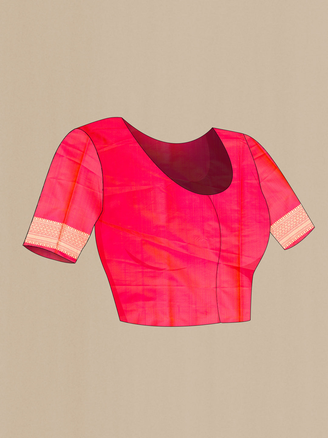 Close up image of the blouse of Orange Banarasi Silk Saree with Zari Brocade on the body and Zari Border. 
