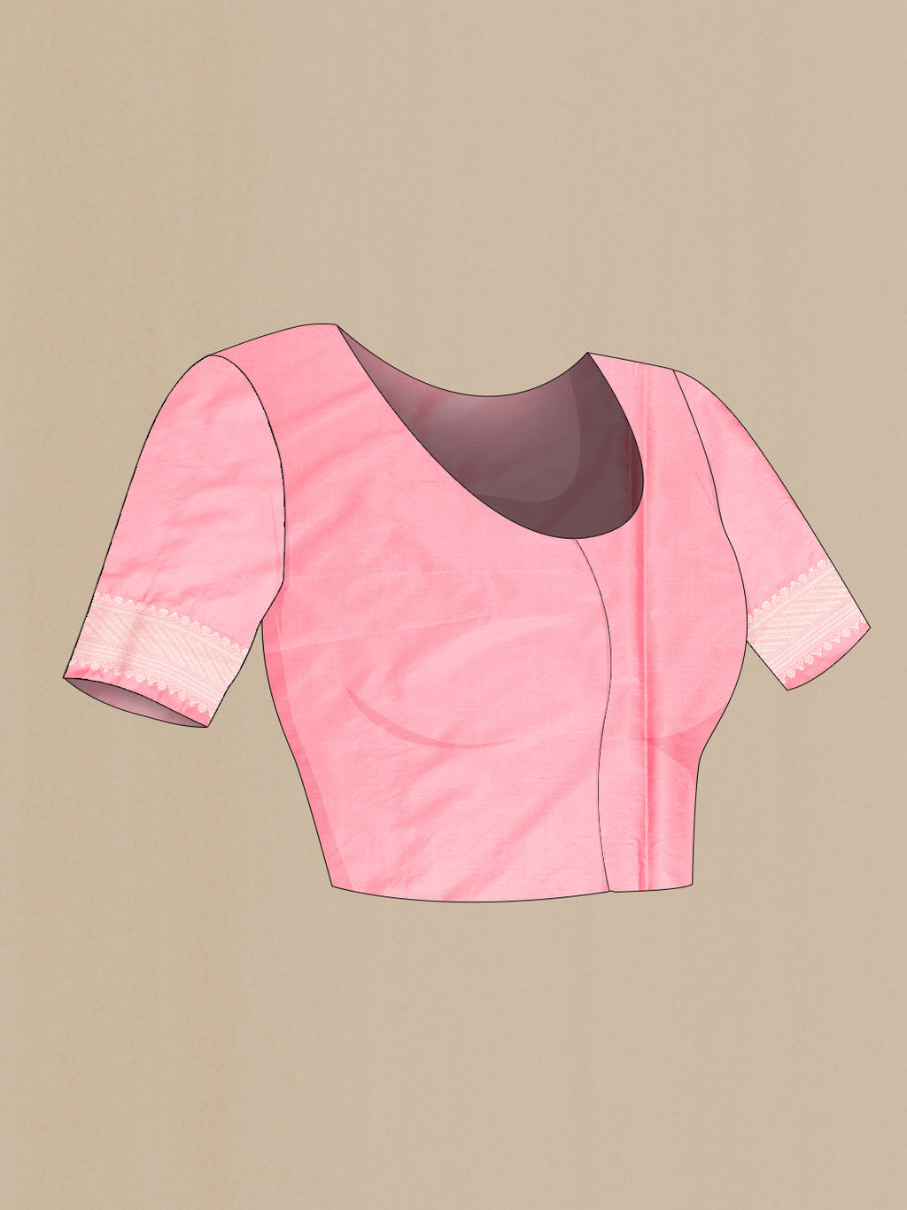 Close up image of the blouse of Pink Banarasi Silk Saree with Zari Brocade on the body and Zari Border. 