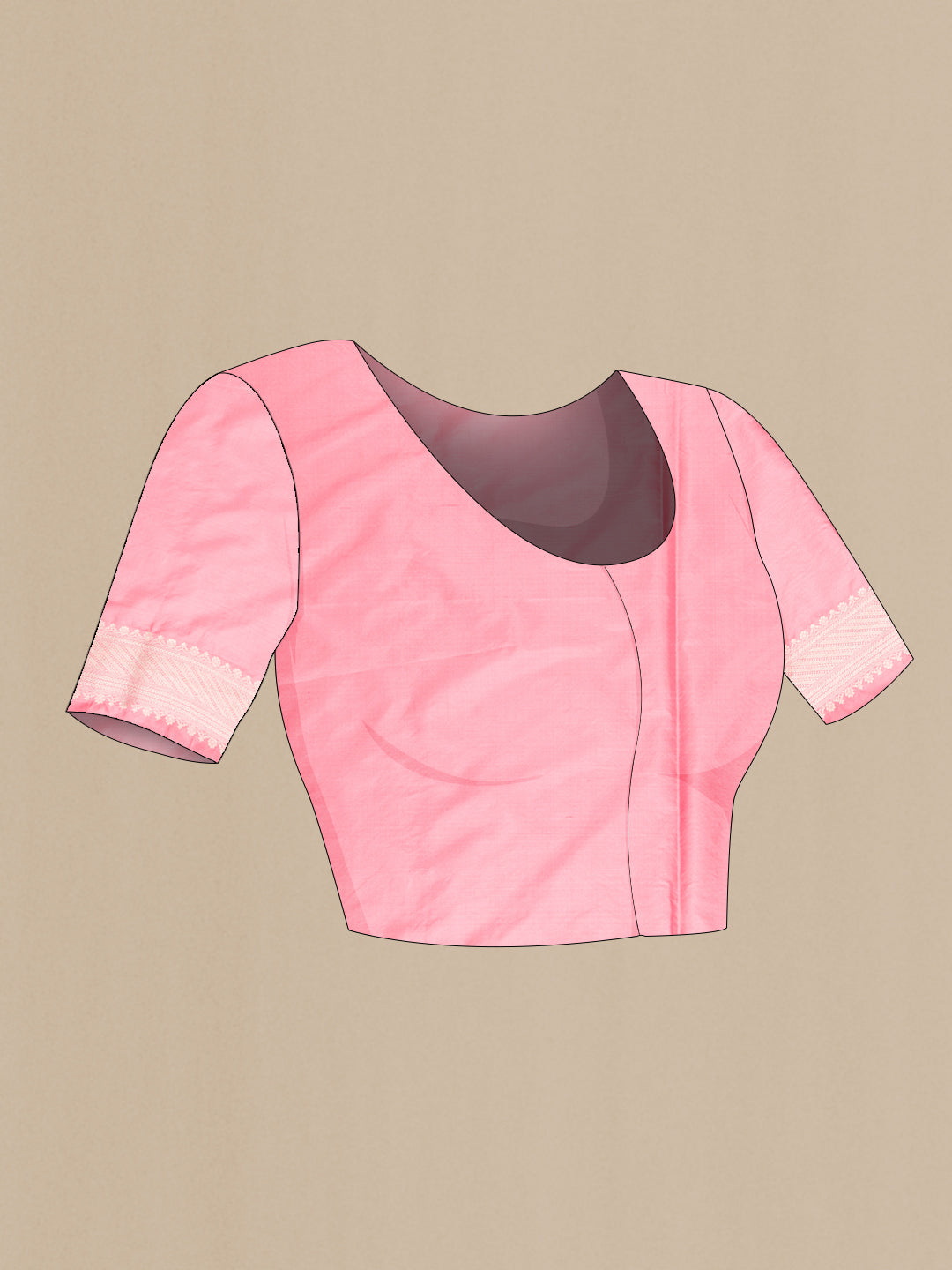 Close up image of the blouse of Pink Banarasi Silk Saree with Zari Brocade on the body and Zari Border. 