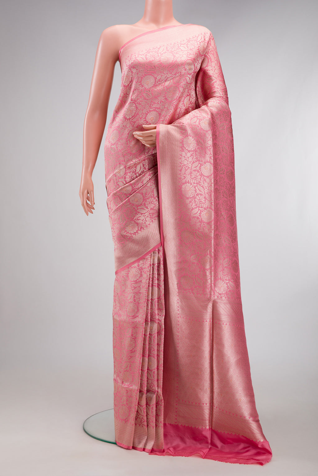Pink Banarasi Silk Saree with Zari Brocade on the body and Zari Border.  displayed on a mannequin