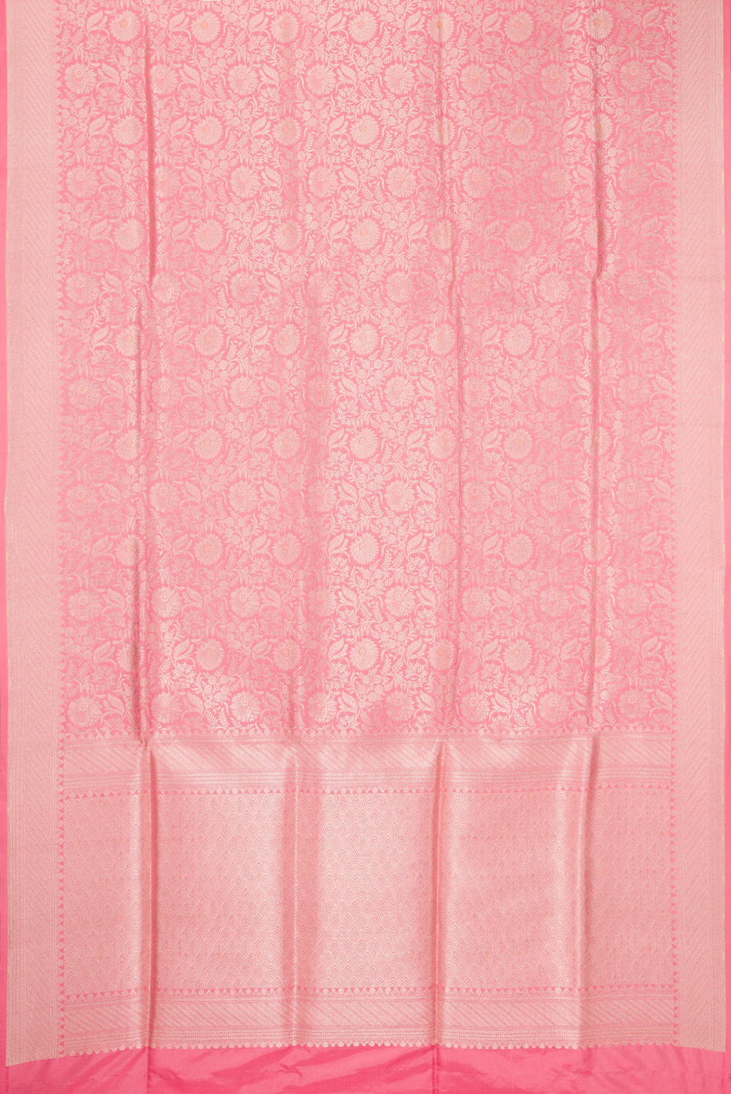 Flat view of Pink Banarasi Silk Saree with Zari Brocade on the body and Zari Border. 