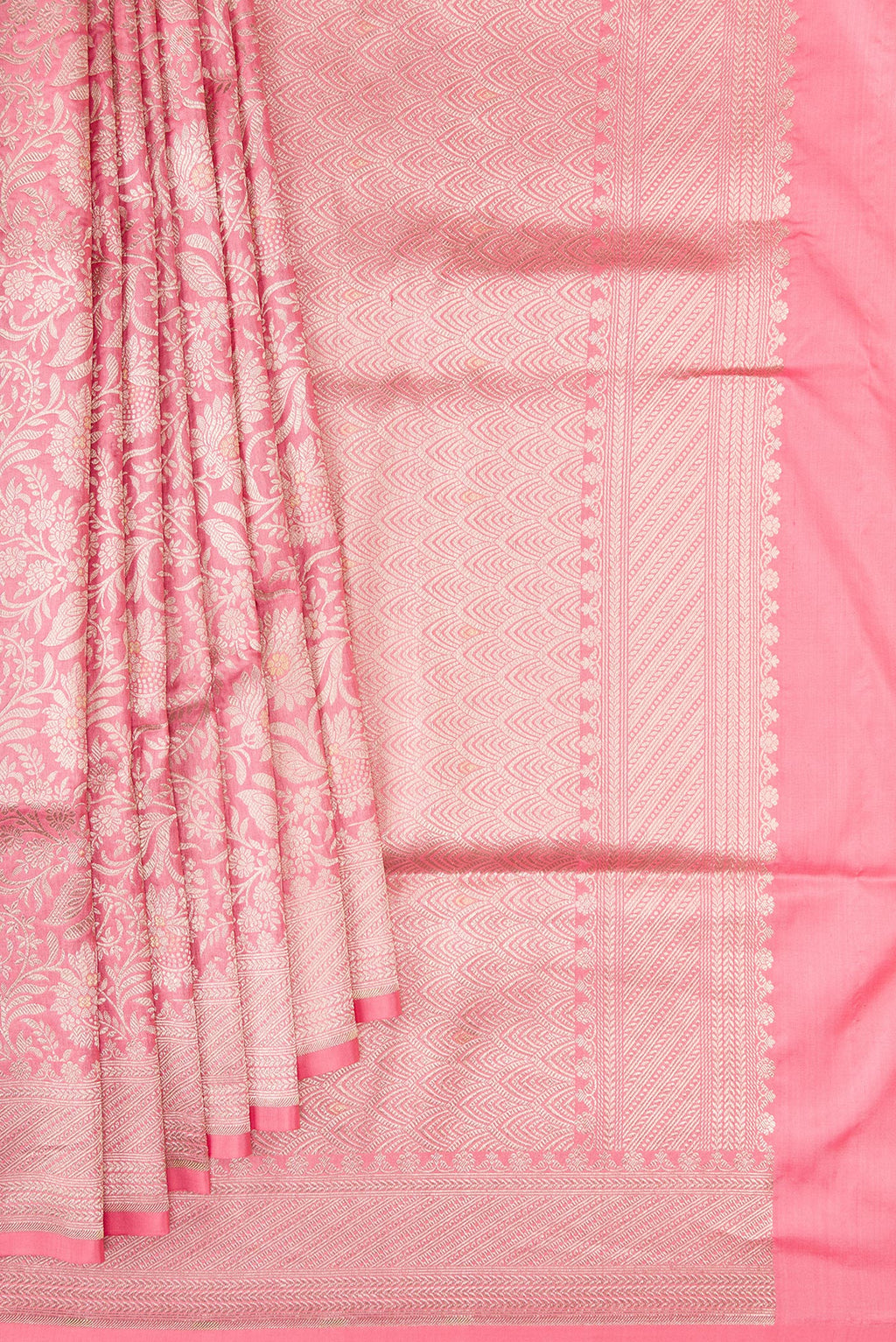 Pleats and pallu of Pink Banarasi Silk Saree with Zari Brocade on the body and Zari Border. 