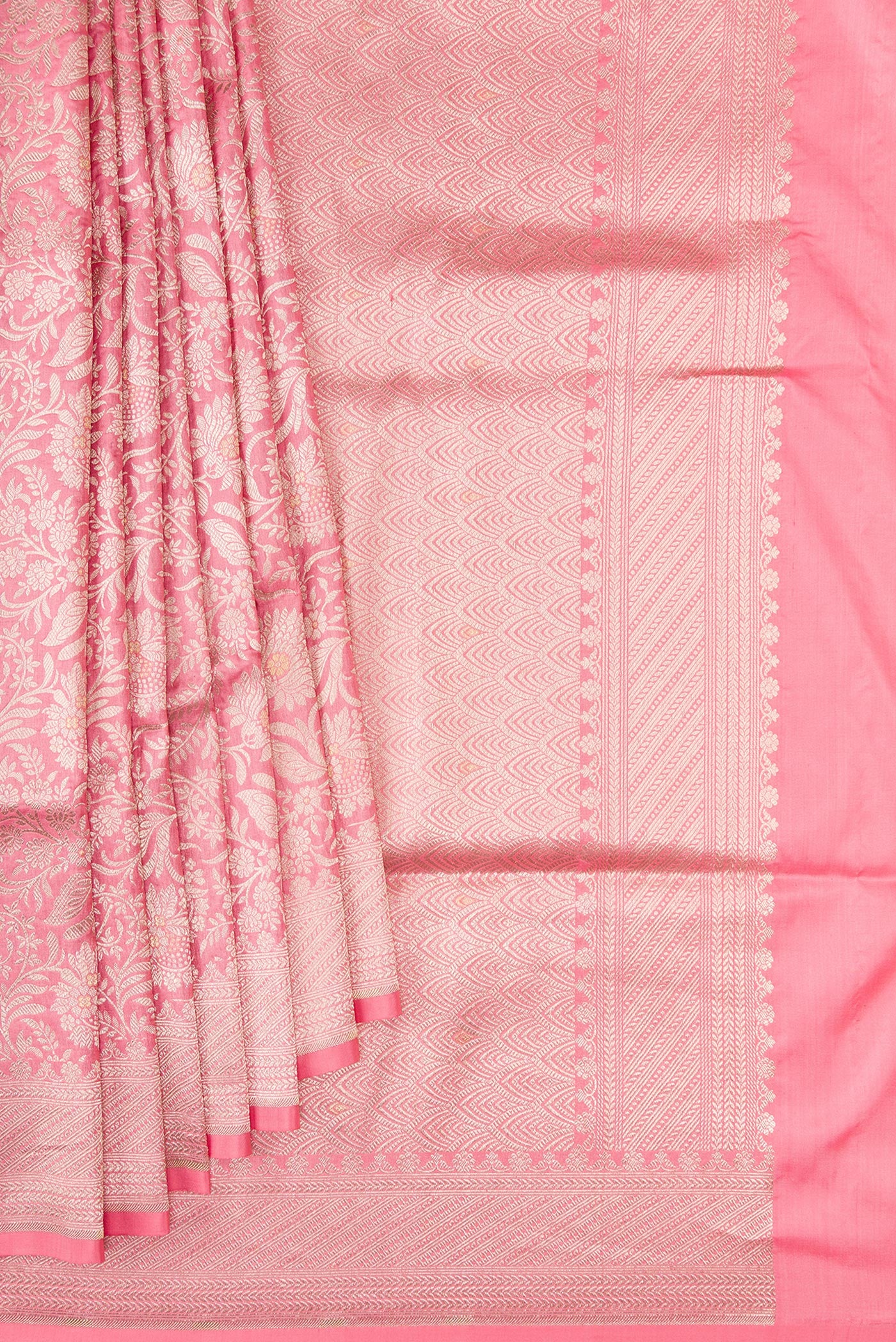 Pleats and pallu of Pink Banarasi Silk Saree with Zari Brocade on the body and Zari Border. 