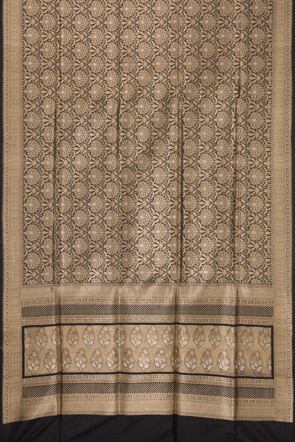 Flat view of Black Banarasi Silk Saree with Zari Brocade on the body and Zari Border. 