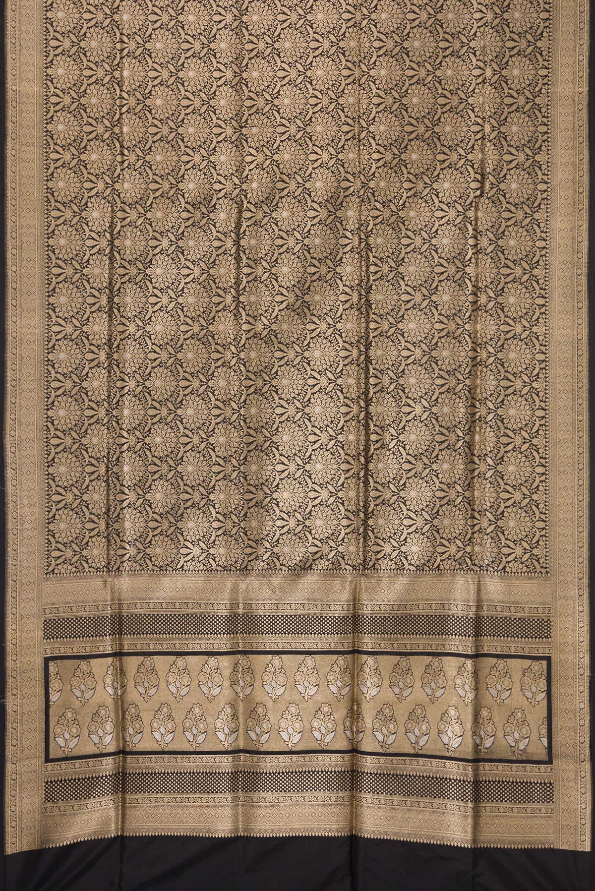 Flat view of Black Banarasi Silk Saree with Zari Brocade on the body and Zari Border. 