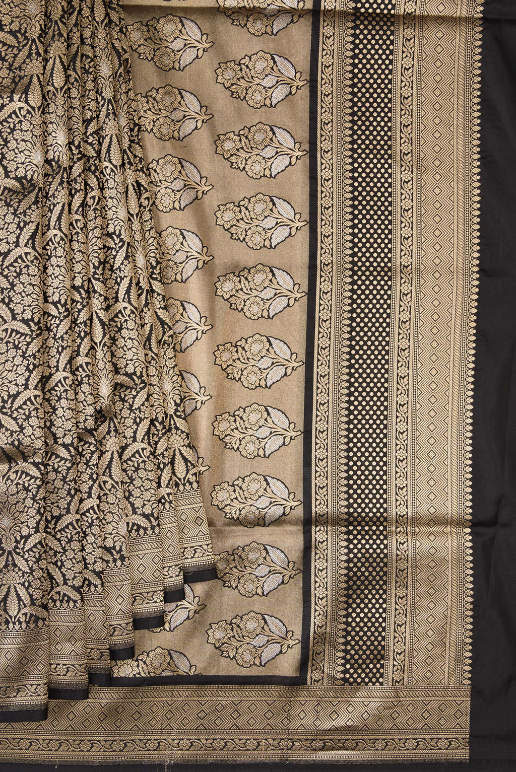 Pleats and pallu of Black Banarasi Silk Saree with Zari Brocade on the body and Zari Border. 