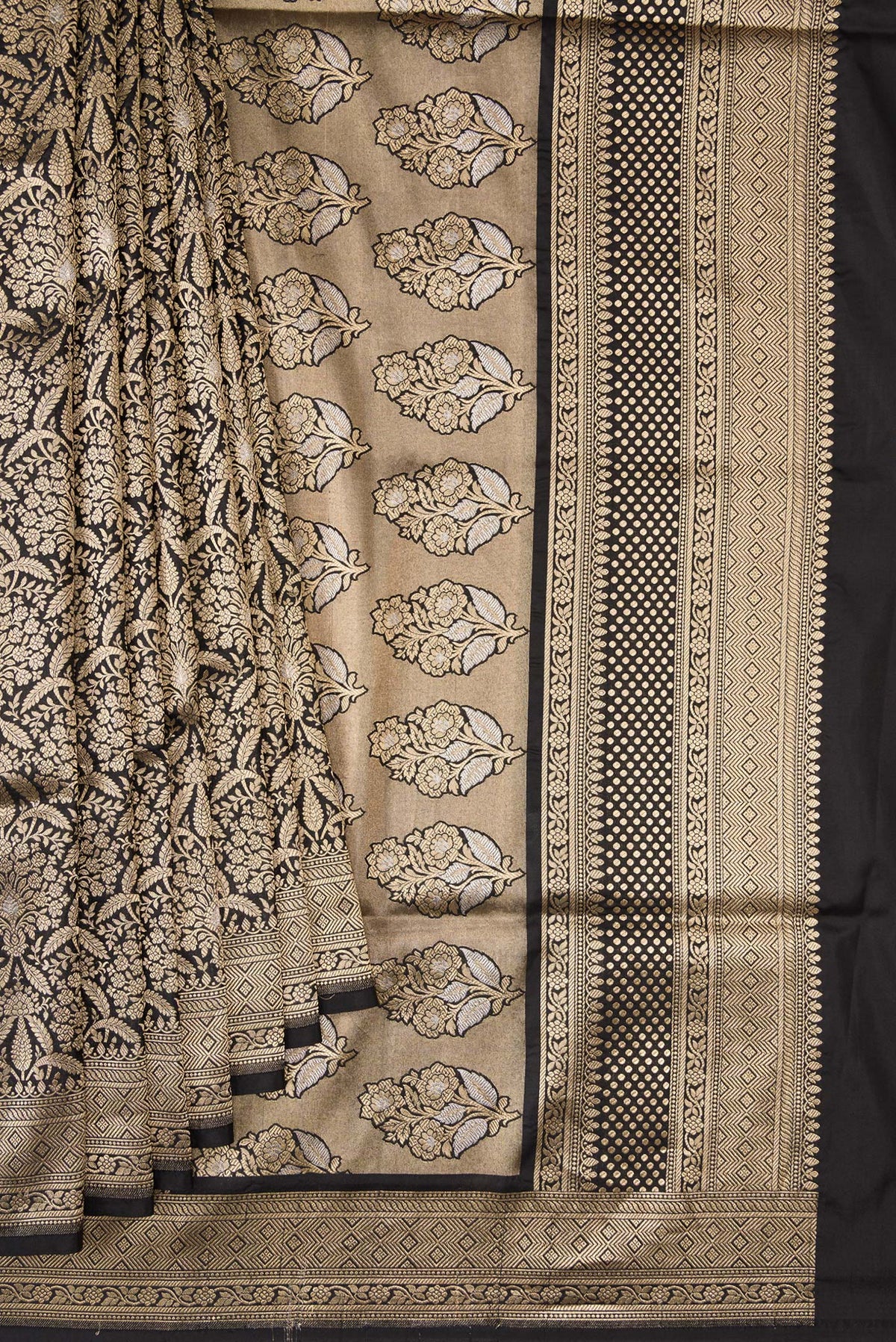 Pleats and pallu of Black Banarasi Silk Saree with Zari Brocade on the body and Zari Border. 
