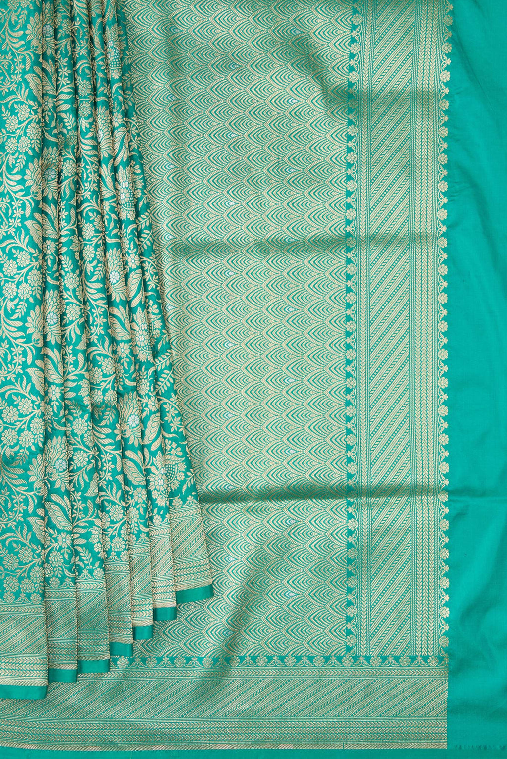 Pleats and pallu of Sea Green Banarasi Silk Saree with Zari Brocade on the body and Zari Border. 