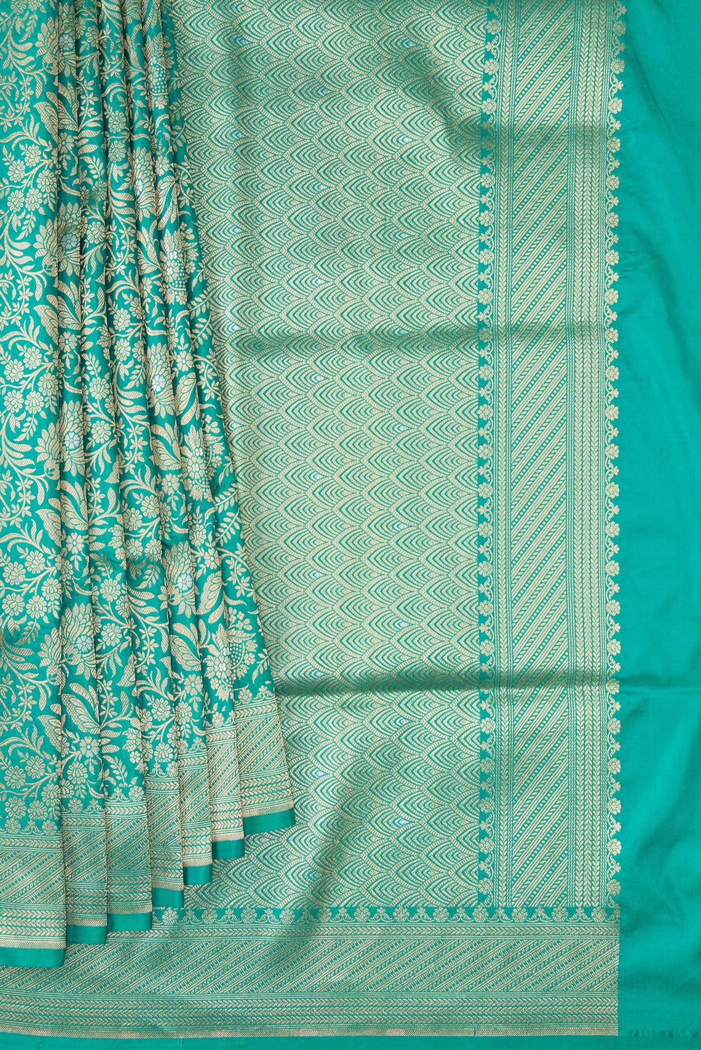 Pleats and pallu of Sea Green Banarasi Silk Saree with Zari Brocade on the body and Zari Border. 