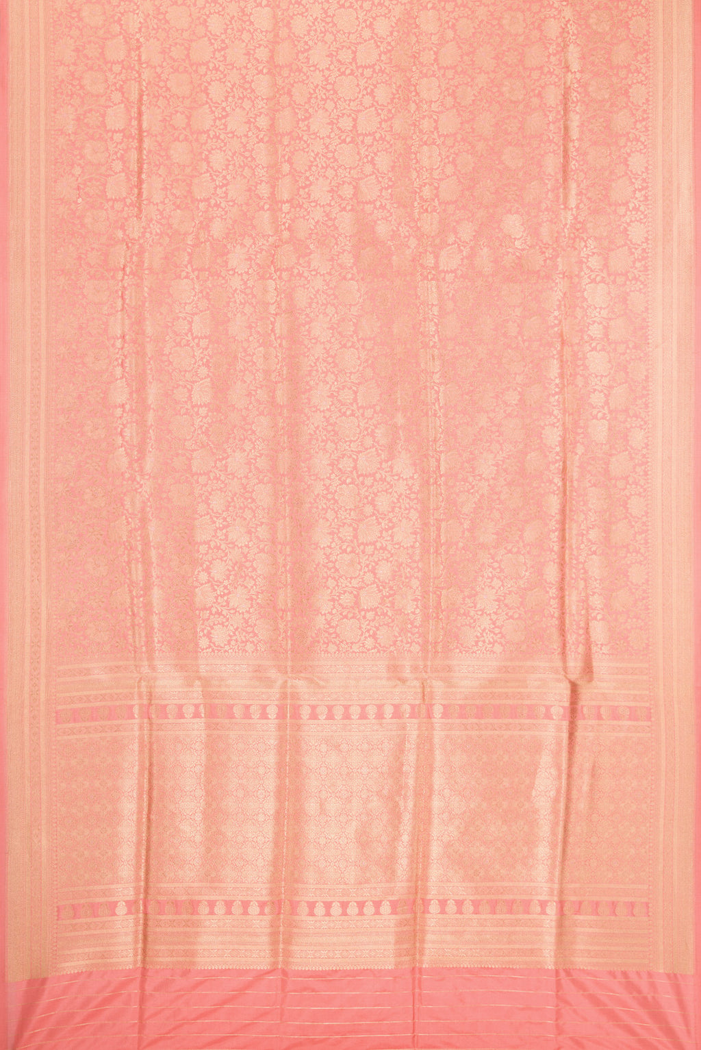 Flat view of Golden Peach Banarasi Silk Saree with Zari Brocade on the body and Zari Border. 