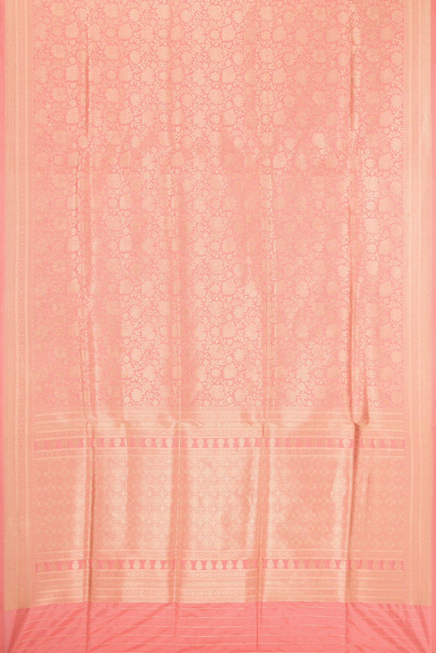 Flat view of Golden Peach Banarasi Silk Saree with Zari Brocade on the body and Zari Border. 