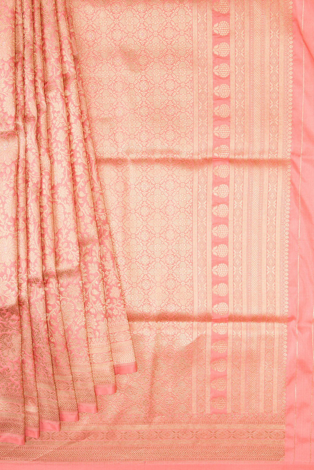 Pleats and pallu of Golden Peach Banarasi Silk Saree with Zari Brocade on the body and Zari Border. 
