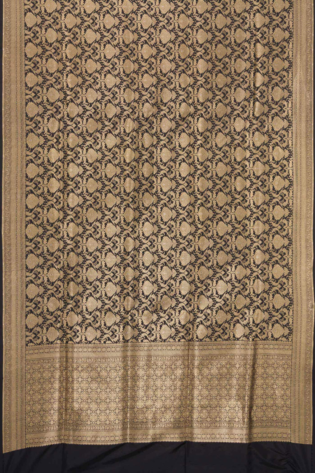 Flat view of Black Banarasi Silk Saree with Zari Brocade on the body and Zari Border. 