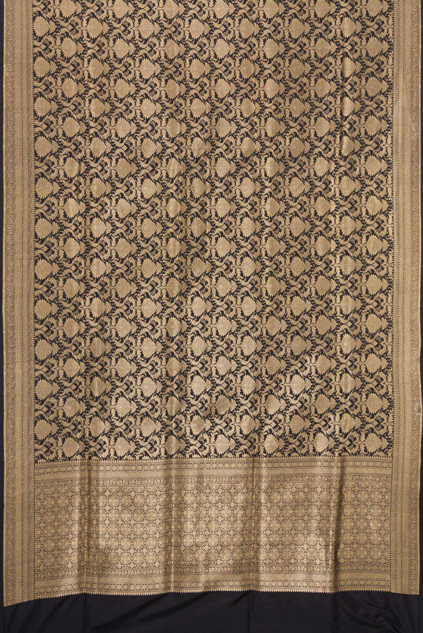 Flat view of Black Banarasi Silk Saree with Zari Brocade on the body and Zari Border. 