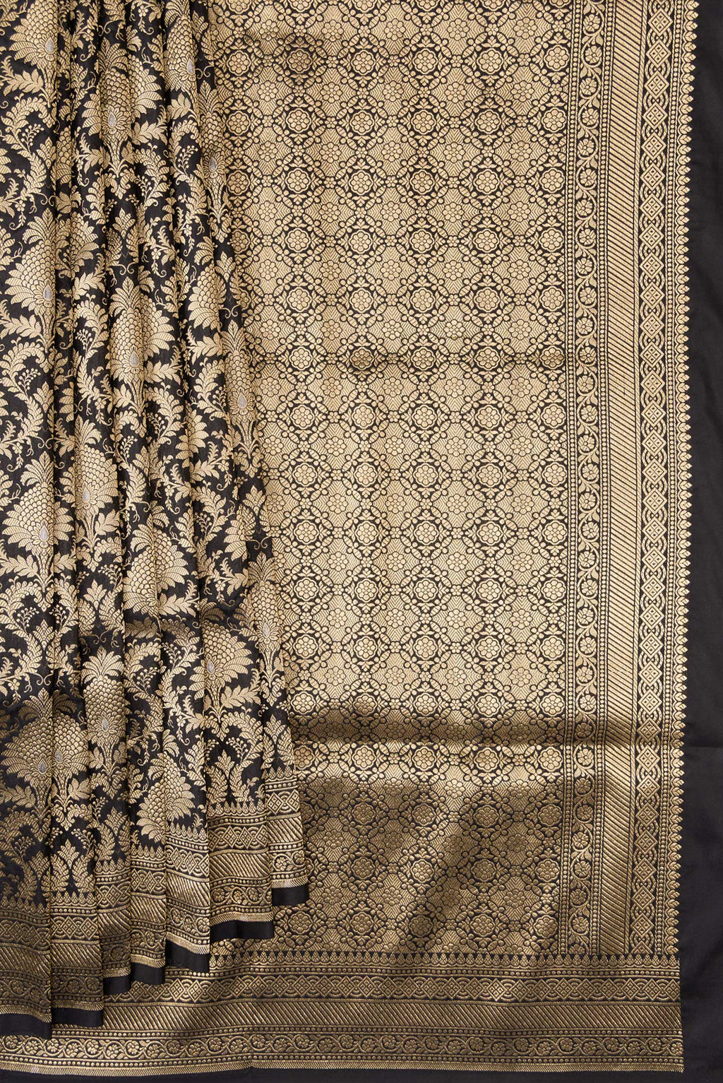 Pleats and pallu of Black Banarasi Silk Saree with Zari Brocade on the body and Zari Border. 