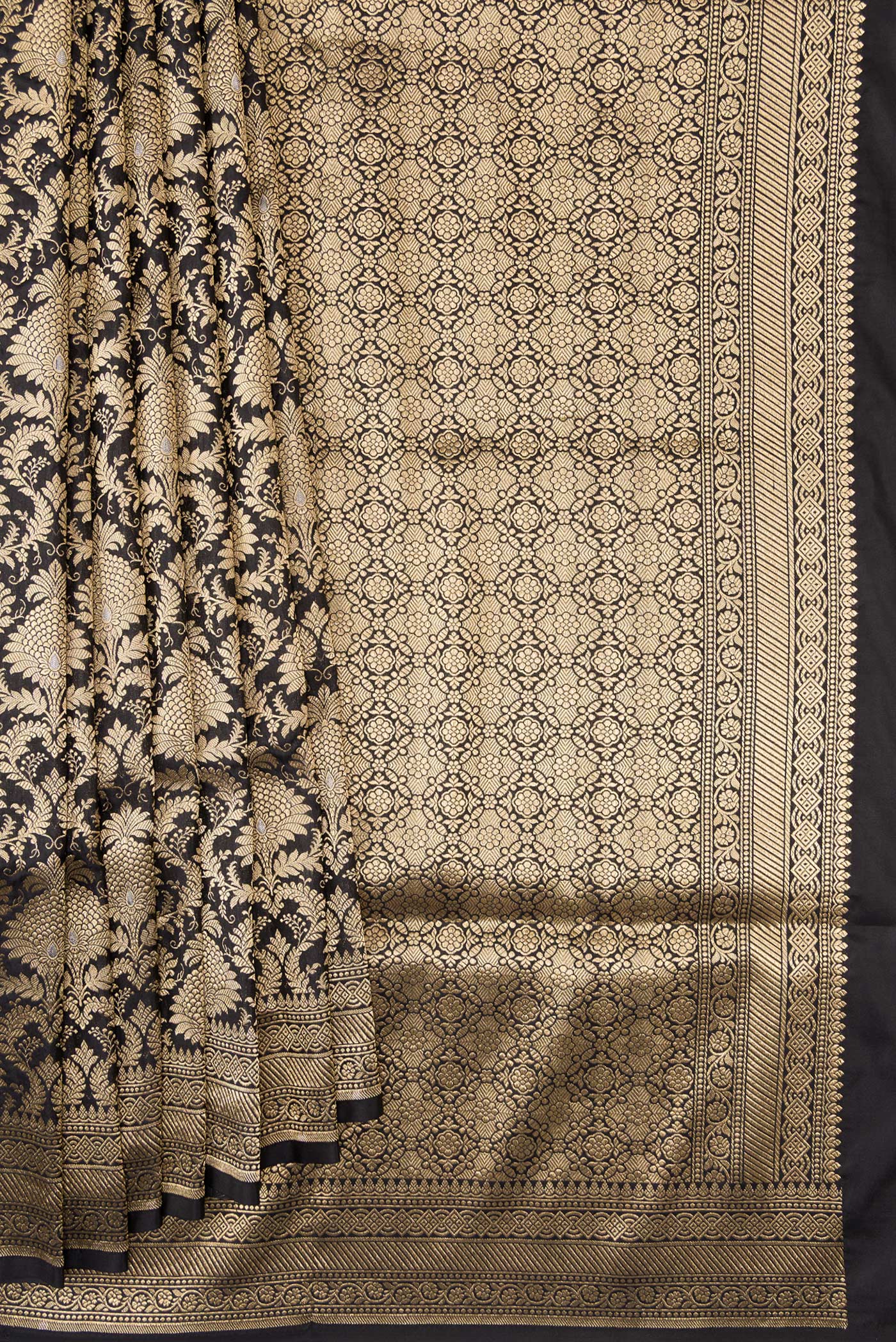 Pleats and pallu of Black Banarasi Silk Saree with Zari Brocade on the body and Zari Border. 