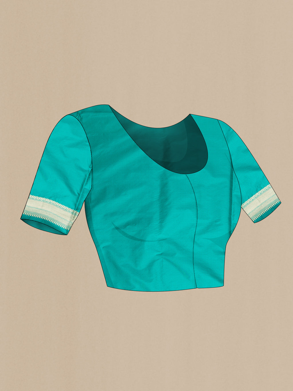 Close up image of the blouse of Turquoise Banarasi Silk Saree with Zari Brocade on the body and Zari Border. 