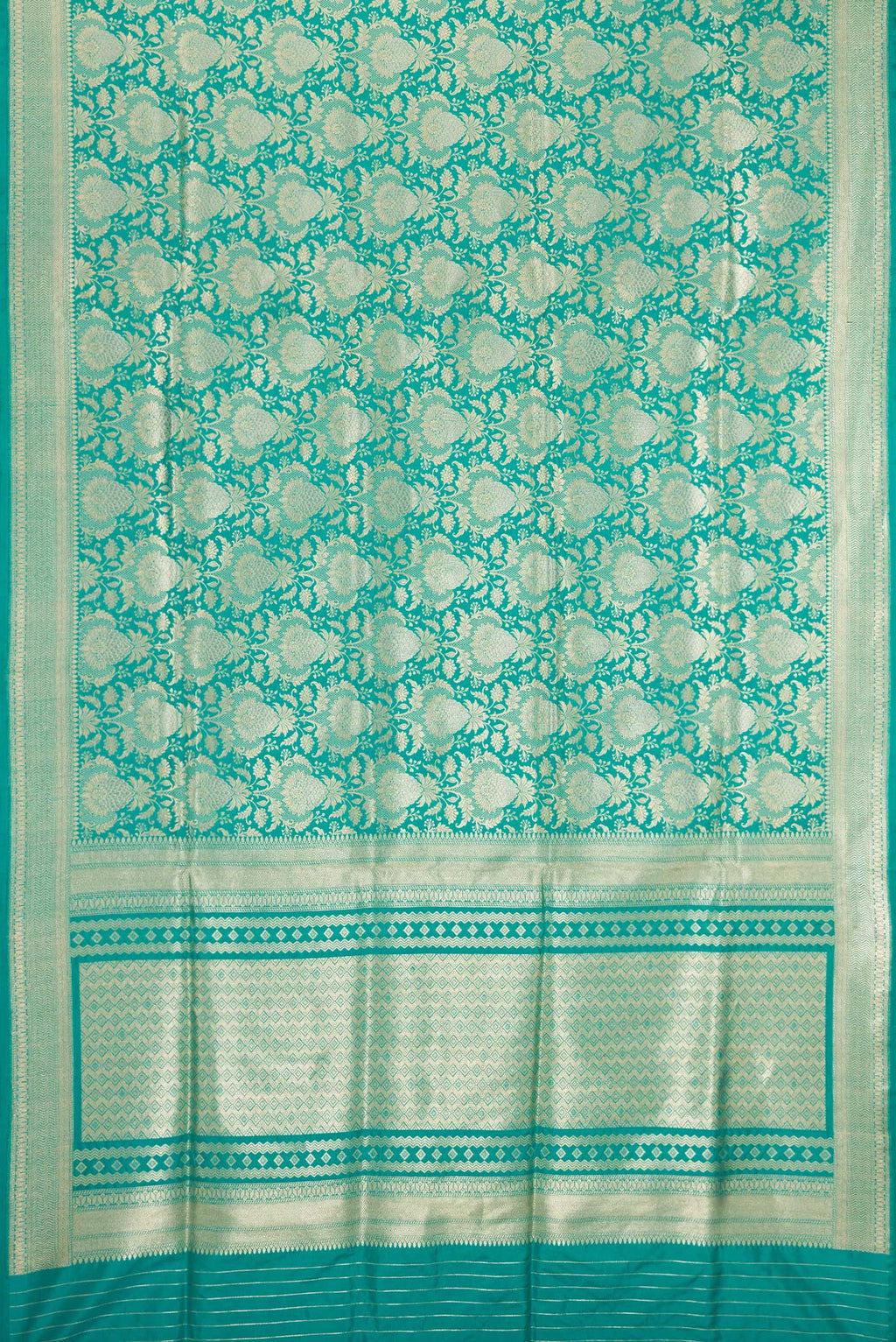 Flat view of Turquoise Banarasi Silk Saree with Zari Brocade on the body and Zari Border. 