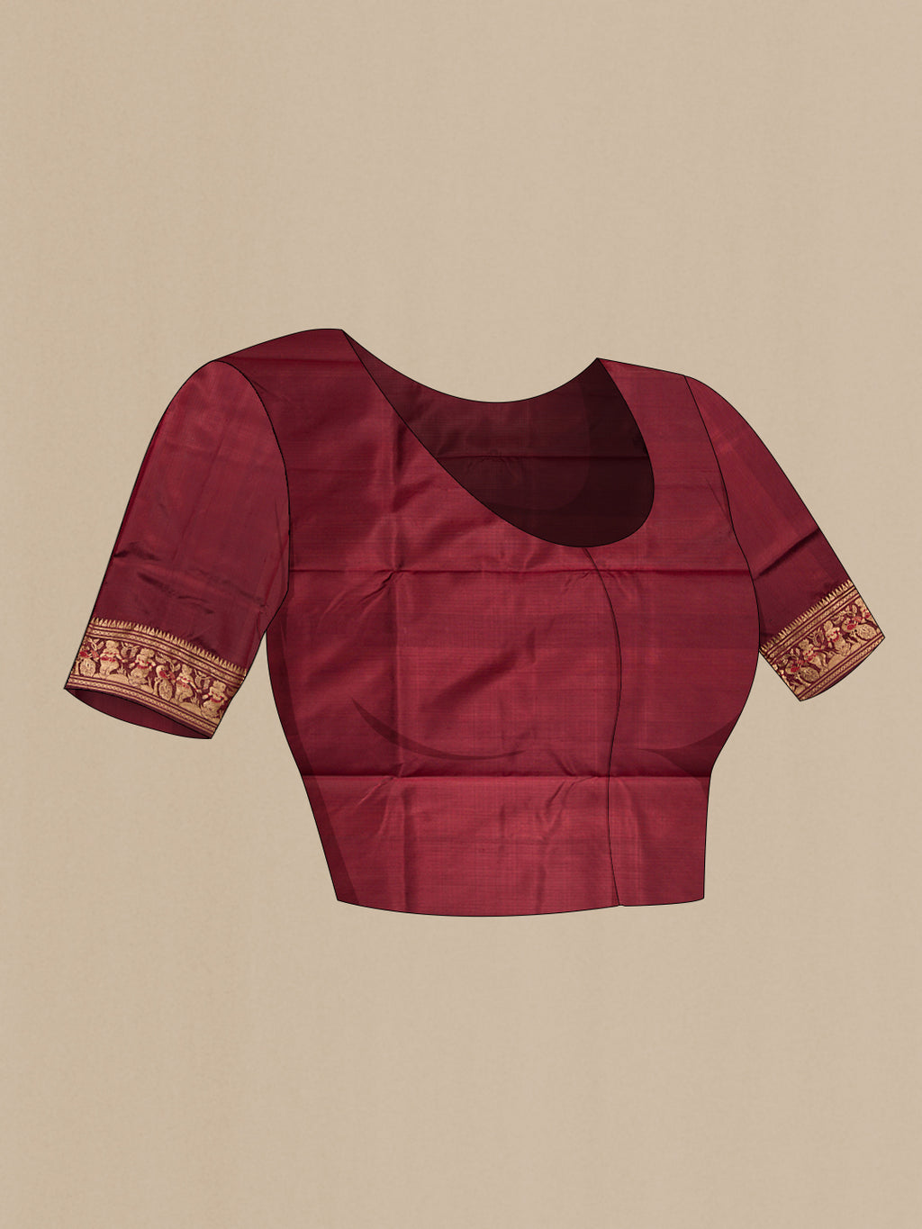 Close up image of the blouse of Coffee Brown Baluchari Silk Saree with Zari And Thread Butta on the body and Zari Border. 