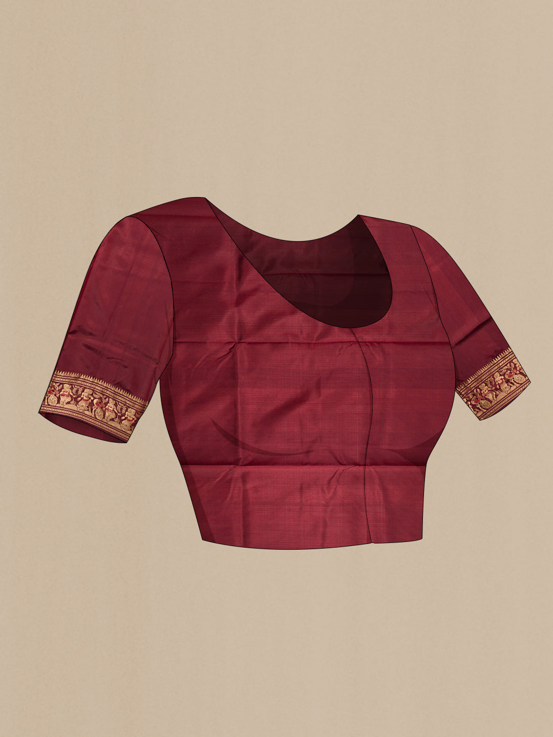 Close up image of the blouse of Coffee Brown Baluchari Silk Saree with Zari And Thread Butta on the body and Zari Border. 