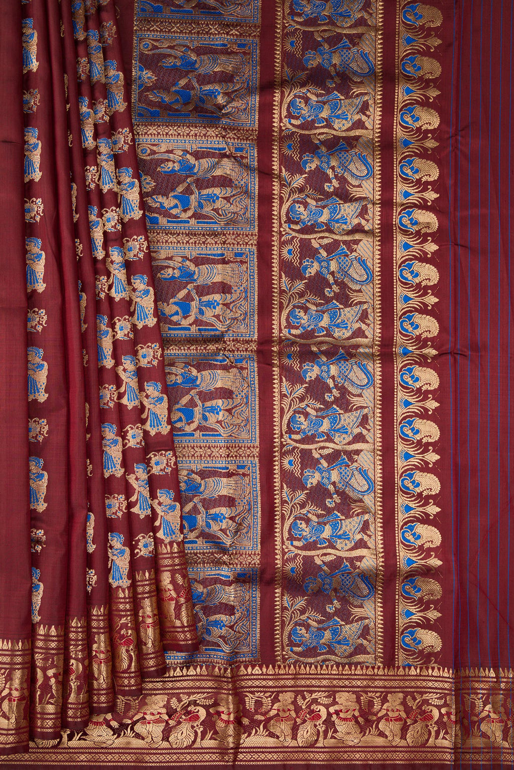 Pleats and pallu of Coffee Brown Baluchari Silk Saree with Zari And Thread Butta on the body and Zari Border. 
