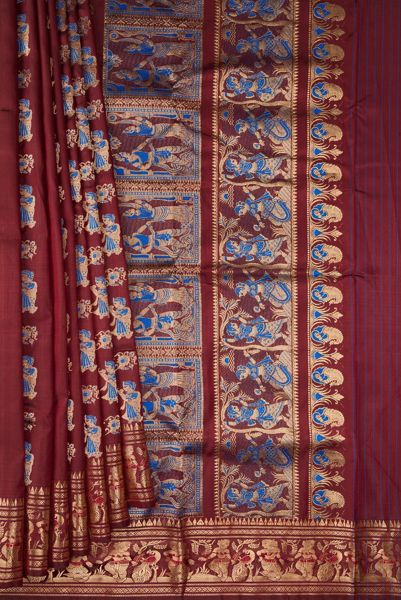Pleats and pallu of Coffee Brown Baluchari Silk Saree with Zari And Thread Butta on the body and Zari Border. 
