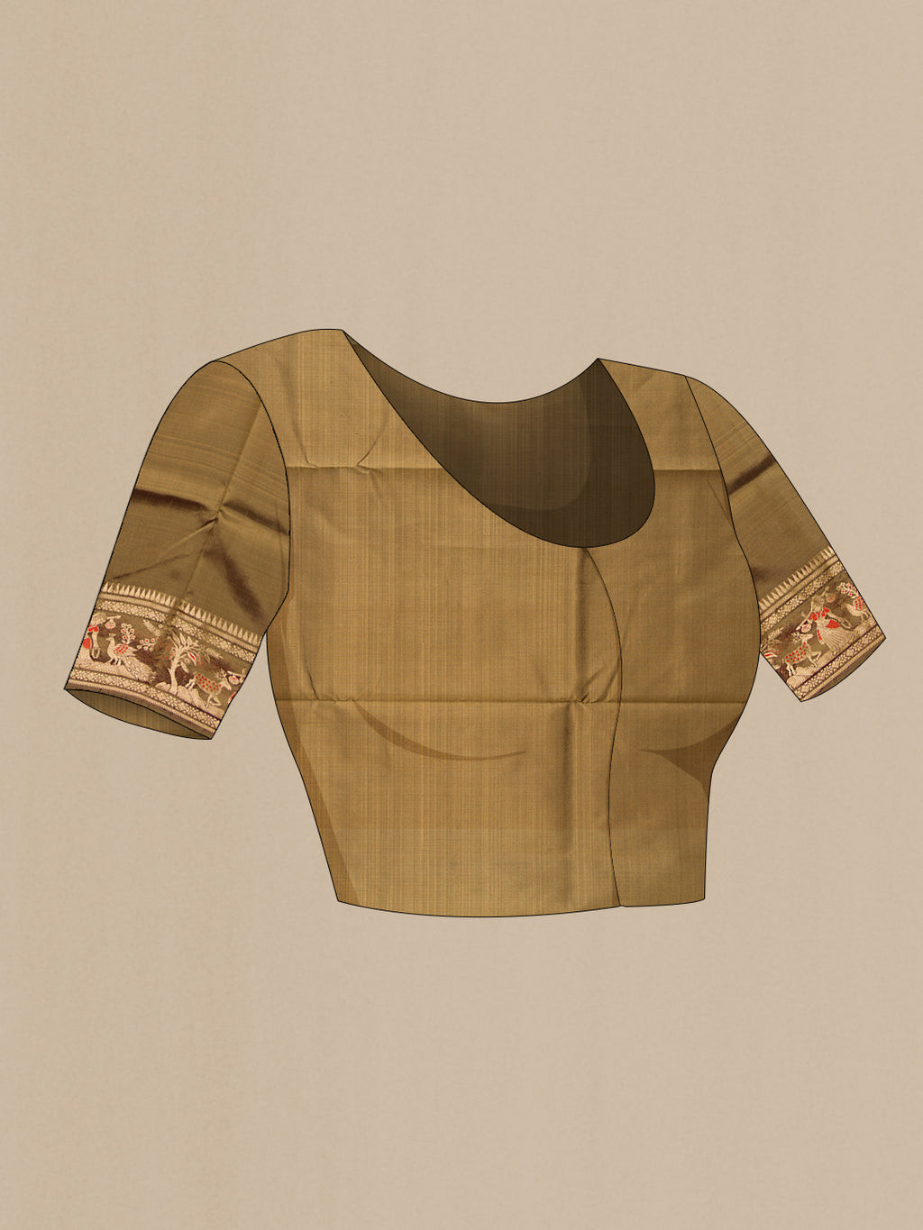 Close up image of the blouse of Dark Beige Baluchari Silk Saree with Zari And Thread Butta on the body and Zari Border. 