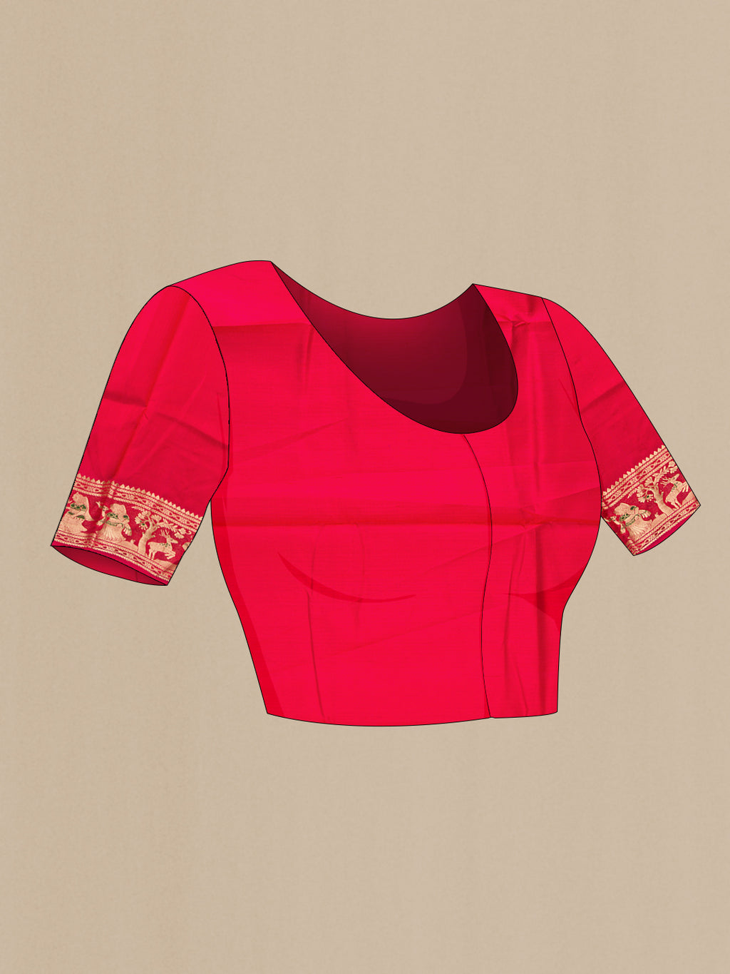 Close up image of the blouse of Dark Pink Baluchari Silk Saree with Zari And Thread Butta on the body and Zari And Thread Border. 