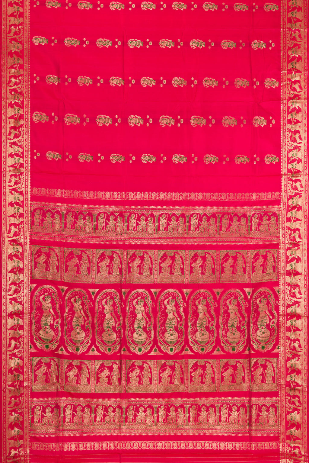 Flat view of Dark Pink Baluchari Silk Saree with Zari And Thread Butta on the body and Zari And Thread Border. 