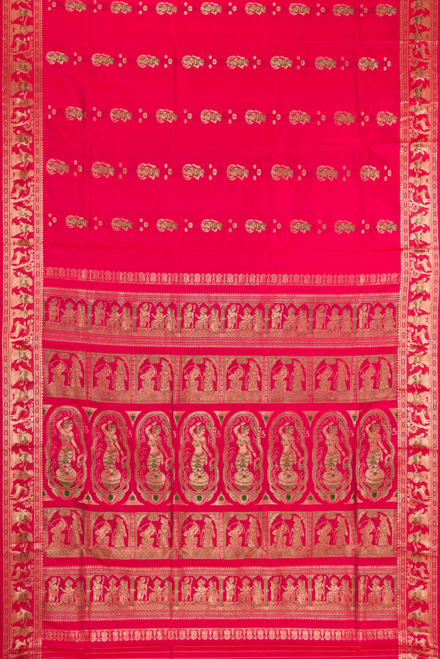 Flat view of Dark Pink Baluchari Silk Saree with Zari And Thread Butta on the body and Zari And Thread Border. 