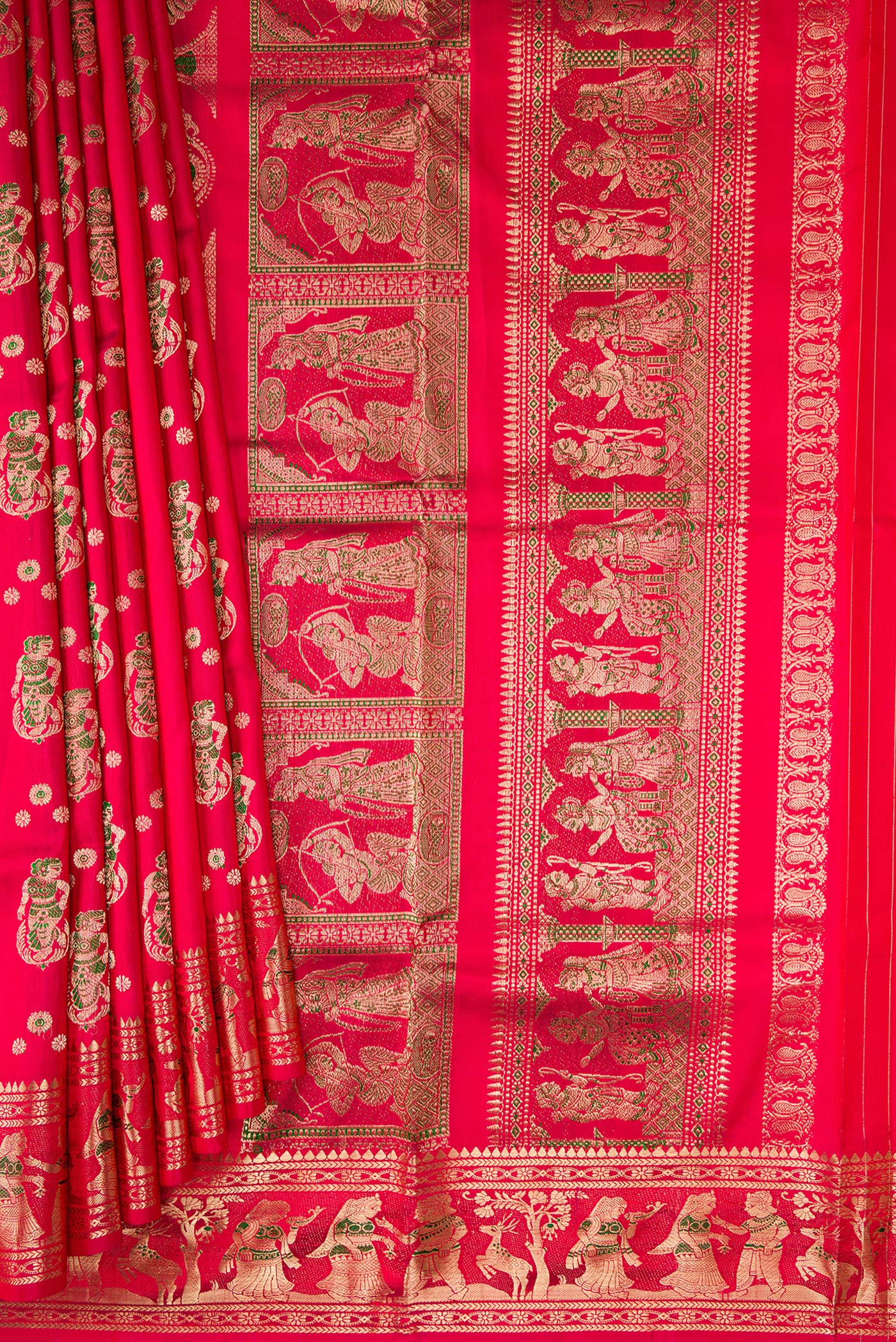 Pleats and pallu of Dark Pink Baluchari Silk Saree with Zari And Thread Butta on the body and Zari And Thread Border. 