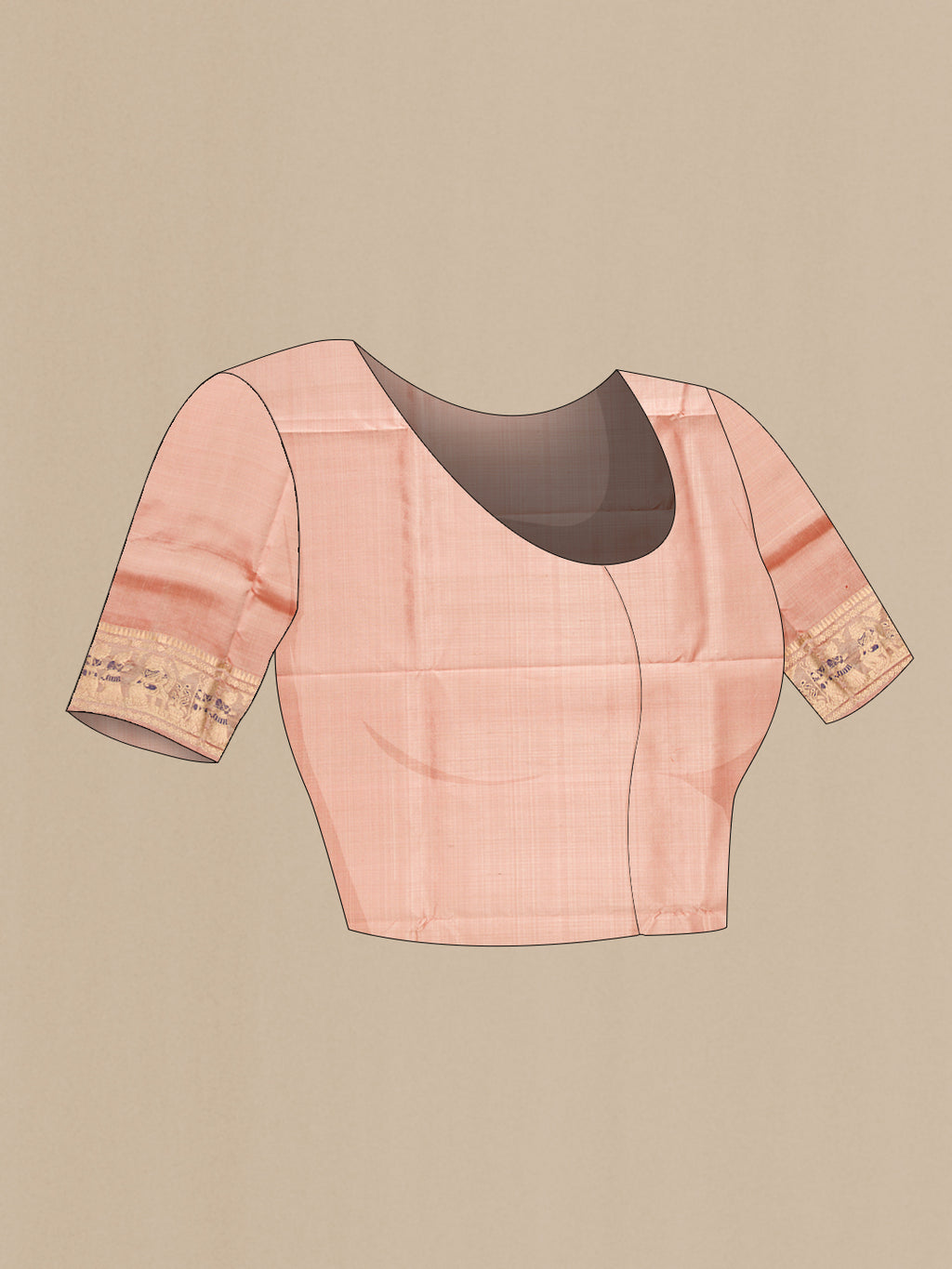 Close up image of the blouse of Rose Gold Baluchari Silk Saree with Zari And Thread Butta on the body and Zari And Thread Border. 