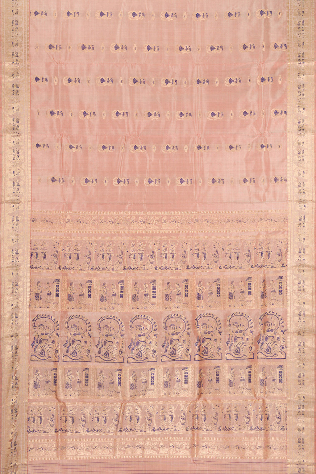 Flat view of Rose Gold Baluchari Silk Saree with Zari And Thread Butta on the body and Zari And Thread Border. 