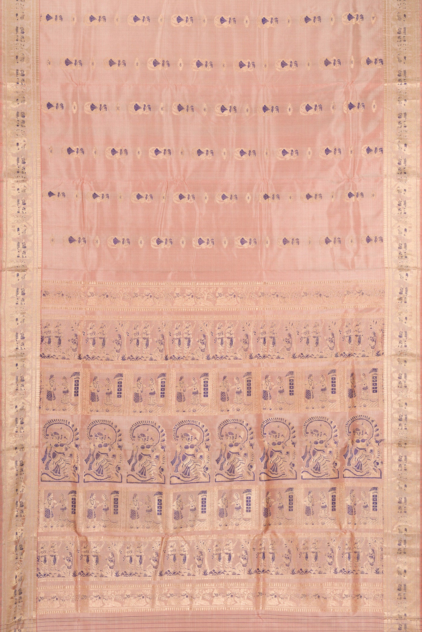 Flat view of Rose Gold Baluchari Silk Saree with Zari And Thread Butta on the body and Zari And Thread Border. 