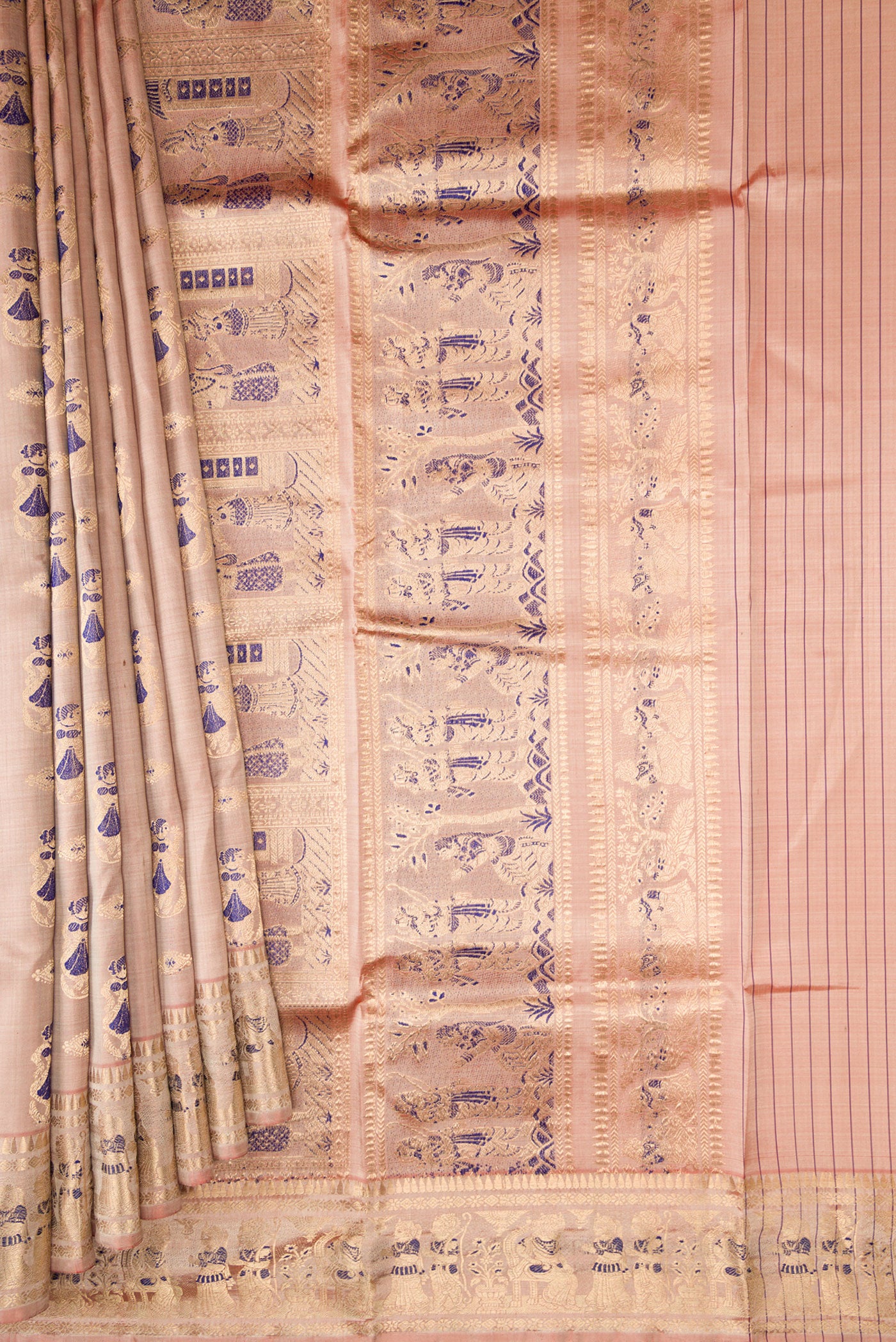 Pleats and pallu of Rose Gold Baluchari Silk Saree with Zari And Thread Butta on the body and Zari And Thread Border. 